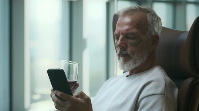 Chest up of groomed Caucasian man with hydrogel eye patches applied on his face relaxing in leather armchair with glass of red wine and smartphone