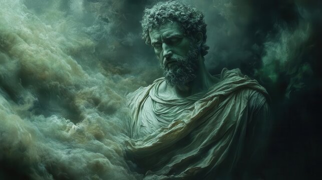 statue of marcus aurelius reimagined in a superhero persona surrounded by a chaotic dark green aura merging classical art with modern imagination playful yet thoughtprovoking