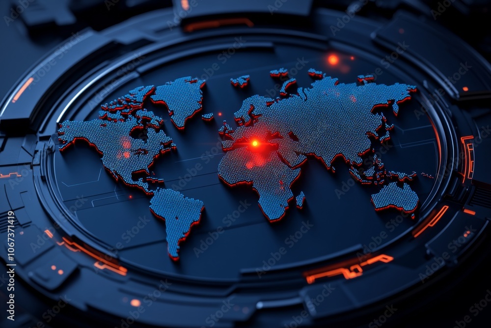 Poster digital dashboard with world map showing active cyber threat zones and red alerts
