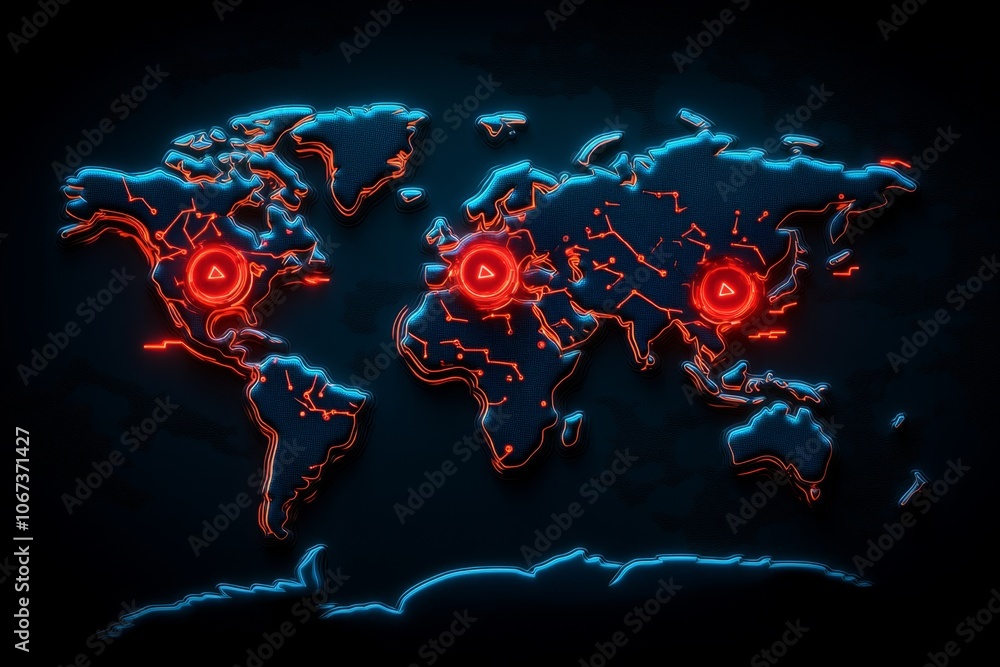 Aufkleber digital dashboard with world map showing active cyber threat zones and red alerts