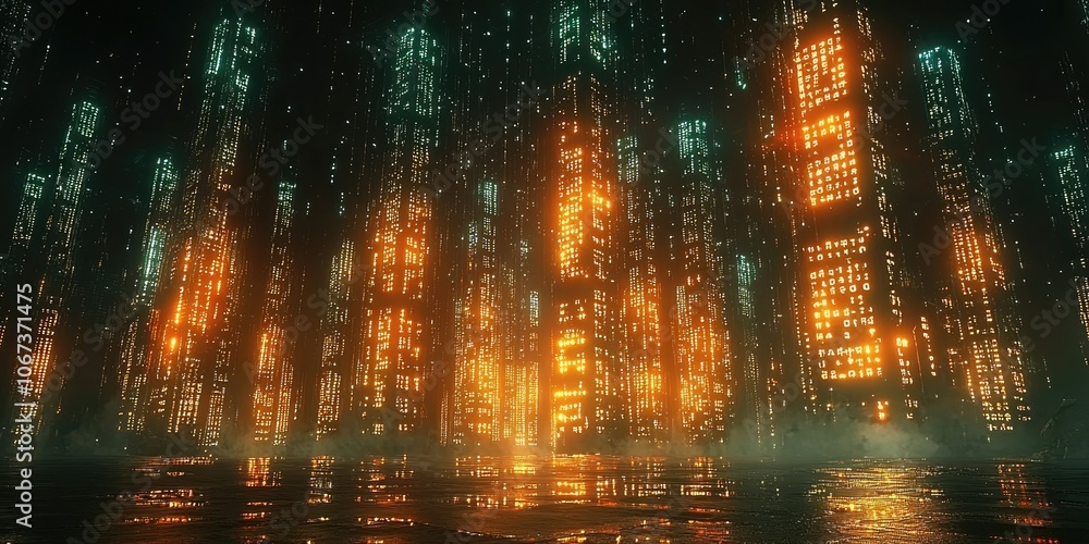 Poster a futuristic cityscape representing sectors like real estate and tech, connected by glowing data poi