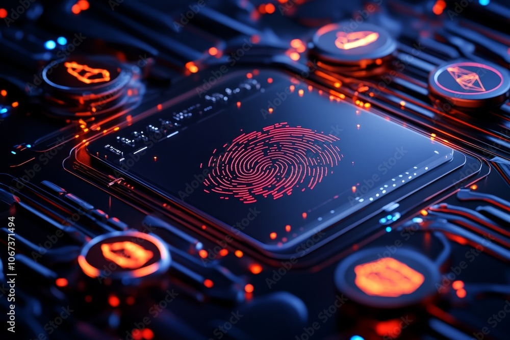 Poster digital fingerprint on a screen beside threat icons, representing the uniqueness of cyber intelligen
