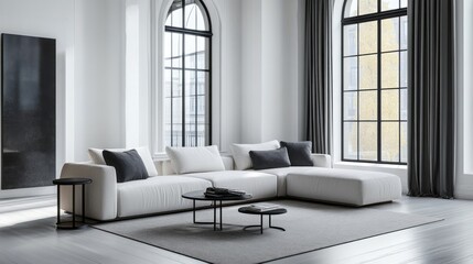 Fototapeta premium White Sectional Sofa in Modern Living Room with Large Windows