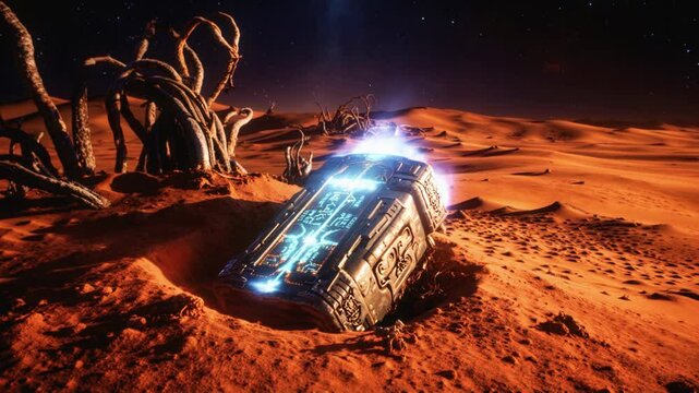 A glowing sci-fi artifact half-buried in a barren alien desert under a starry sky. The futuristic scene evokes mystery, discovery, and the vast unknown of space exploration.