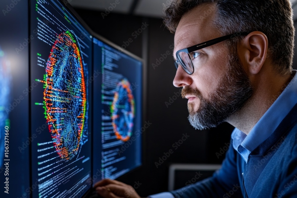 Leinwandbilder Digital forensic analyst examining data logs with lines of code and highlighted vulnerabilities