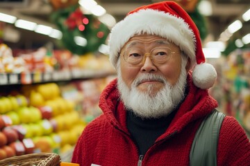 Smiling senior man in a Santa hat shopping for groceries.