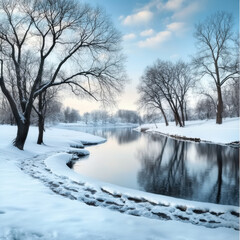 serene snowy riverbank with bare trees and gentle snowfall creates peaceful winter scene. calm water reflects soft light of sky, enhancing tranquil atmosphere