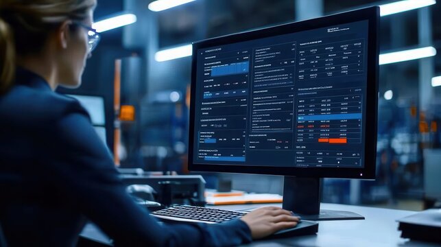 Digital inventory management dashboard on computer screen, warehouse in background, modern planning and tracking system