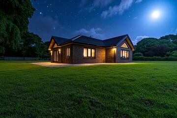 Obraz premium Dimly lit countryside with a single affordable home glowing in a moonlit field, capturing a peaceful rural charm