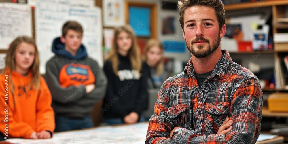 Poster in a modern classroom, the teacher and students collaborate on a large brainstorming chart for an up