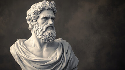 Greek sculpture of an old stoic man, roman god statue, black and white