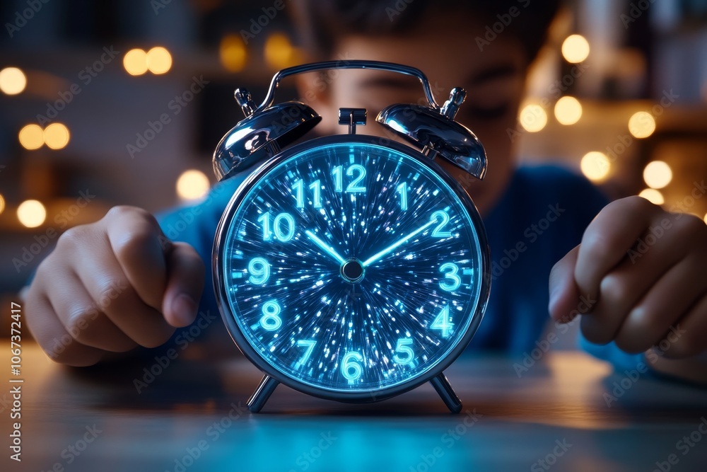 Poster fantasy scene with a magical, glowing alarm clock that gently wakes a person, symbolizing an enchant