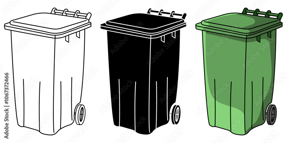 Poster set of 3 dimensional wheelie bin vector elements in black and white and colour cartoon versions isol
