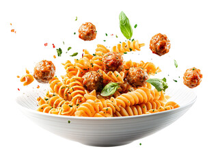 a bowl of pasta with meatballs falling