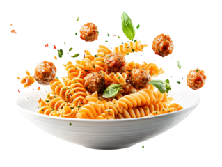 a bowl of pasta with meatballs falling