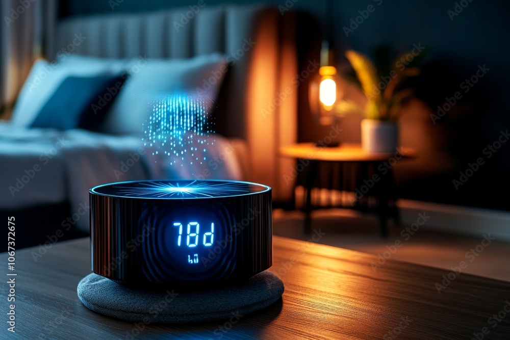 Aufkleber futuristic holographic alarm clock display projecting a wake-up call time into the air in a modern b