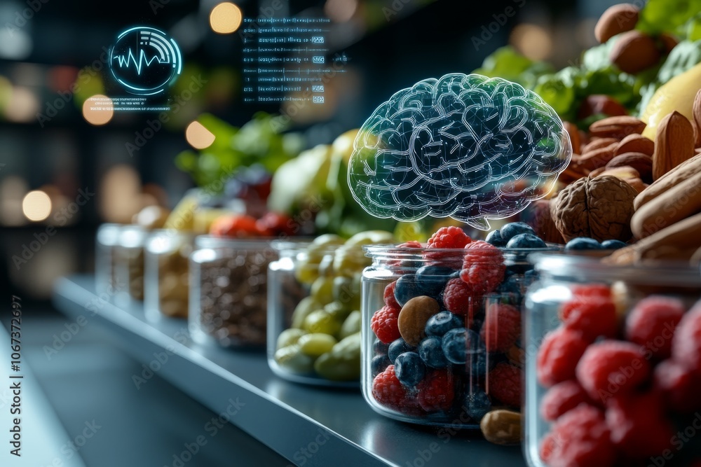 Poster Futuristic display of brain-boosting foods with holographic nutritional data and mental clarity indicators floating around them
