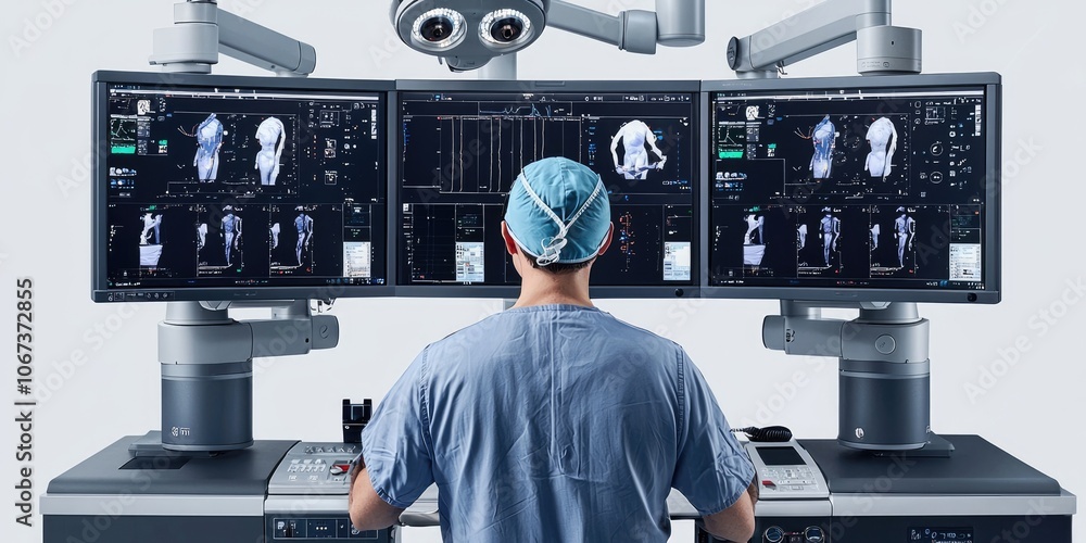 Poster robotic surgical system control console: a surgeon controlling a robotic surgical system with multip