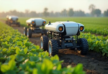 Autonomous farming robots working in a green field during sunset, enhancing agricultural efficiency and crop management