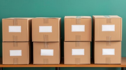 Stacks of differentsized boxes with labels, neatly arranged, organized shelves, planning for easy access and distribution