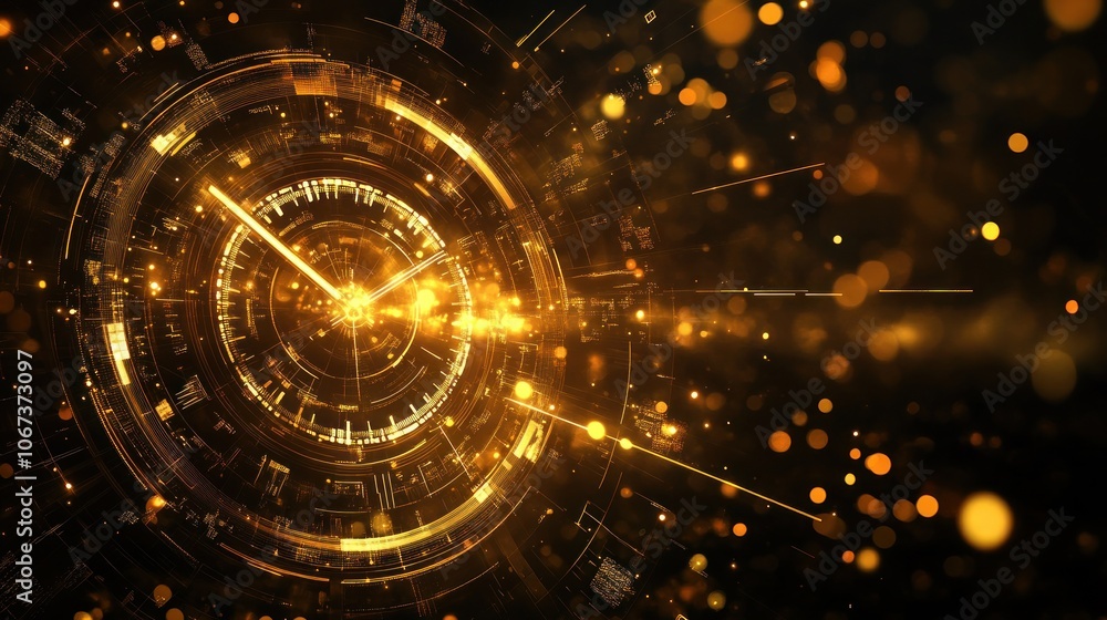 Aufkleber a digital abstract design featuring glowing circles and particles in a futuristic style.