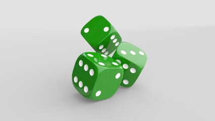 Vue rapprochée de trois dés à jouer vert, rendu 3d avec de la profondeur de champ sur fond blanc	