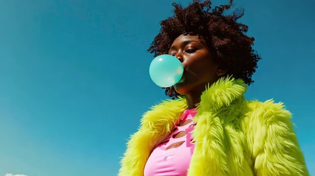 Bright style: young woman with afro hairstyle with bubble gum in bright green fluffy fur coat against blue sky
