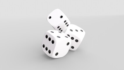 Vue rapprochée de trois dés à jouer blanc, rendu 3d avec de la profondeur de champ sur fond blanc	