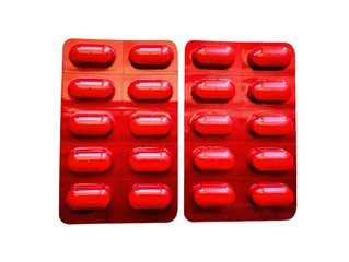 In the picture are white pills in red blister packs. In one blister pack, there are ten pills in a...