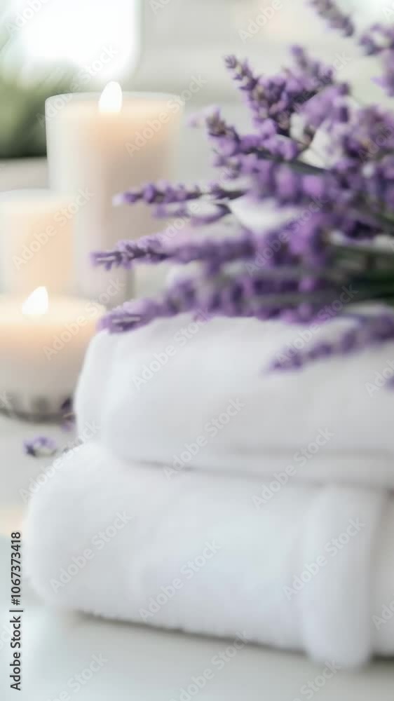Aufkleber soft white towels are neatly stacked on a table, adorned with a bouquet of fresh lavender and accomp