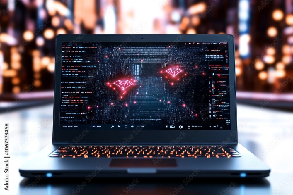 Poster illustration of a laptop with a screen showing data trails and threat indicators, symbolizing cyber 
