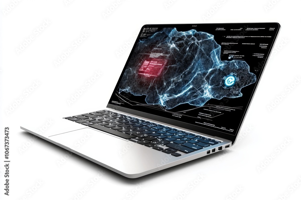 Poster illustration of a laptop with a screen showing data trails and threat indicators, symbolizing cyber 