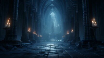 Fototapeta premium Dark Gothic Cathedral Interior with Atmospheric Lighting and Ancient Architecture
