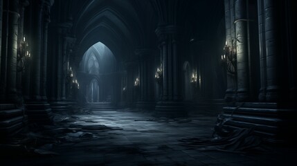 Fototapeta premium Dark Gothic Castle Corridor with Moonlit Arches and Candlelight
