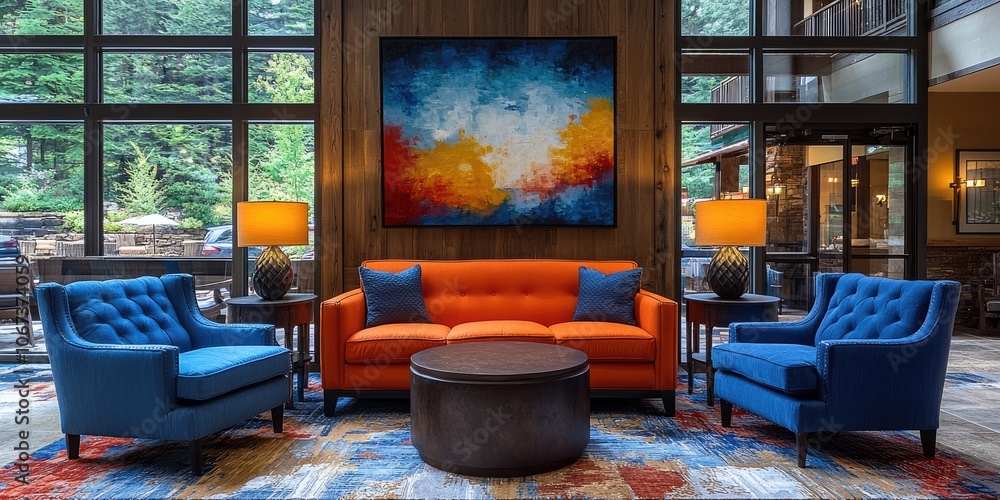 Aufkleber a contemporary living room equipped with customizable smart lighting that alters color and intensity