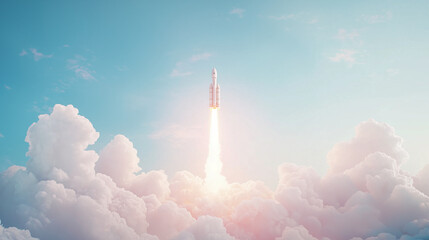 Tablet Displaying Rocket Launch Amid Swirling Clouds and Blue Sky