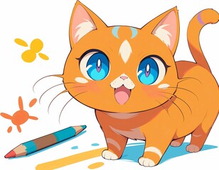 Cute Cartoon Cat with Big Blue Eyes and Colorful Art Supplies