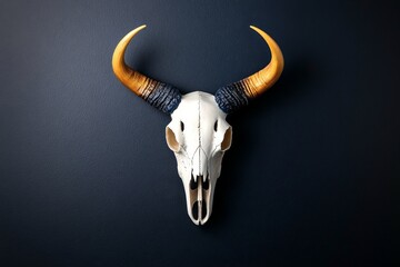 Fototapeta premium Minimalist Western Gothic decor with a single animal skull mounted on a dark wall, symbolizing simplicity and elegance
