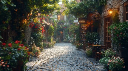 Fototapeta premium A cobblestone street lined with charming shops and flowers, bathed in warm sunlight.