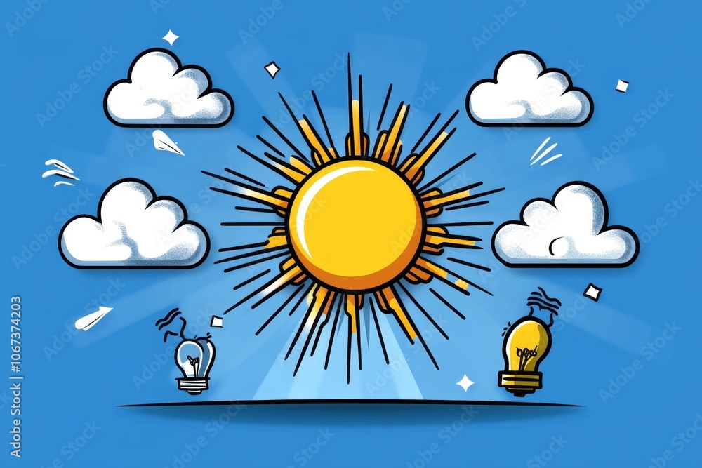 Poster minimalist icon of a sun rising over a horizon, symbolizing the start of a new day as a wake-up call