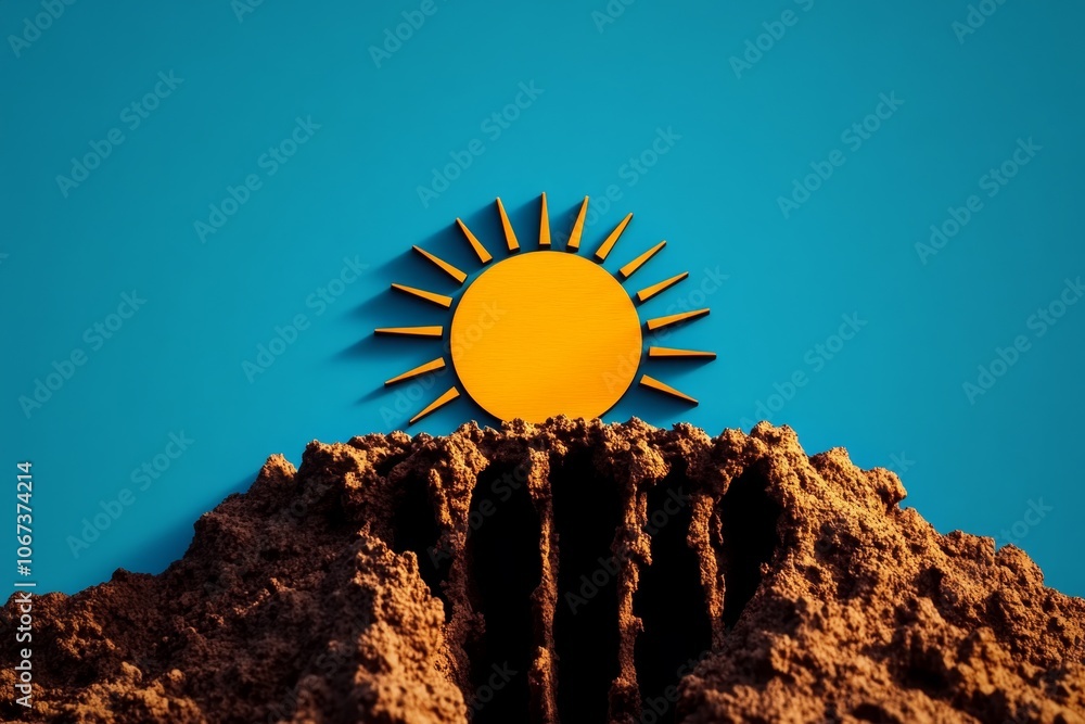 Poster minimalist icon of a sun rising over a horizon, symbolizing the start of a new day as a wake-up call