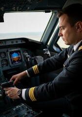 Focused pilot in cockpit preparing for flight on a commercial airliner
