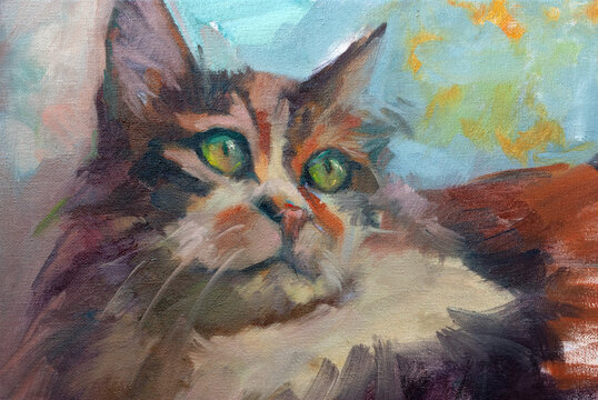 Dipinto a olio di un gatto calico con grandi occhi verdi espressivi realizzato con pennellate artistiche e texturizzate