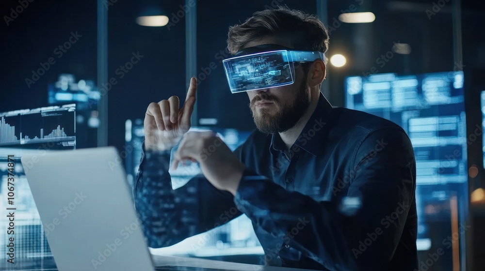 Poster man using virtual reality headset