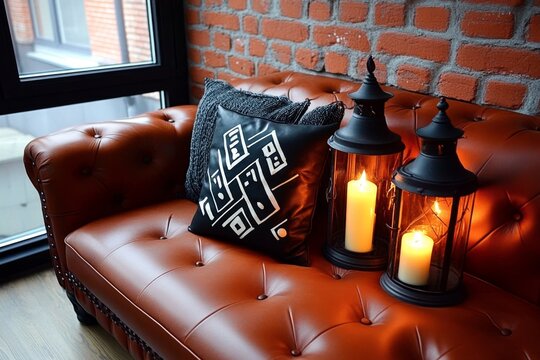 Old-fashioned living room setup with vintage Western furniture and Gothic candle lanterns, capturing nostalgia