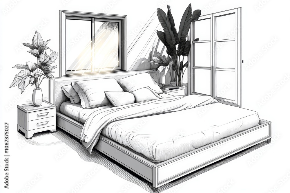 Poster outline of a bed with an open window and sunlight streaming in, symbolizing a natural wake-up
