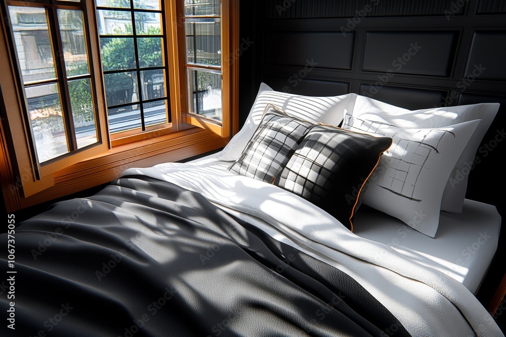 Poster outline of a bed with an open window and sunlight streaming in, symbolizing a natural wake-up