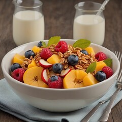 Obst Salat, M&uuml;sli, Milch. Generative AI Technologie