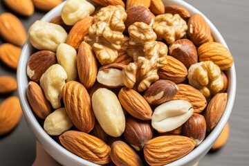 Person holding a bowl of mixed nuts like almonds and walnuts, highlighting healthy fats for brain health