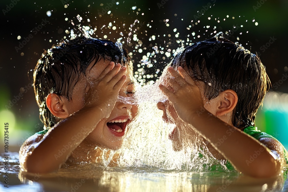 Aufkleber person splashing water on their face in a bathroom mirror, capturing the refreshing effect of a morn